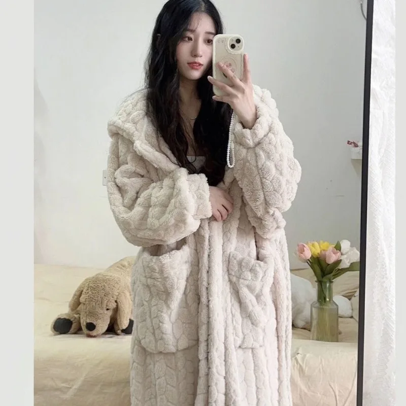 Pocket Robe for Women Sleepwear Winter Nightdress Night Wears Warm Fleece Pajama One Piece Nightgown Hooded Sleeping Homewear women sleepwear,sleepwear pajamas