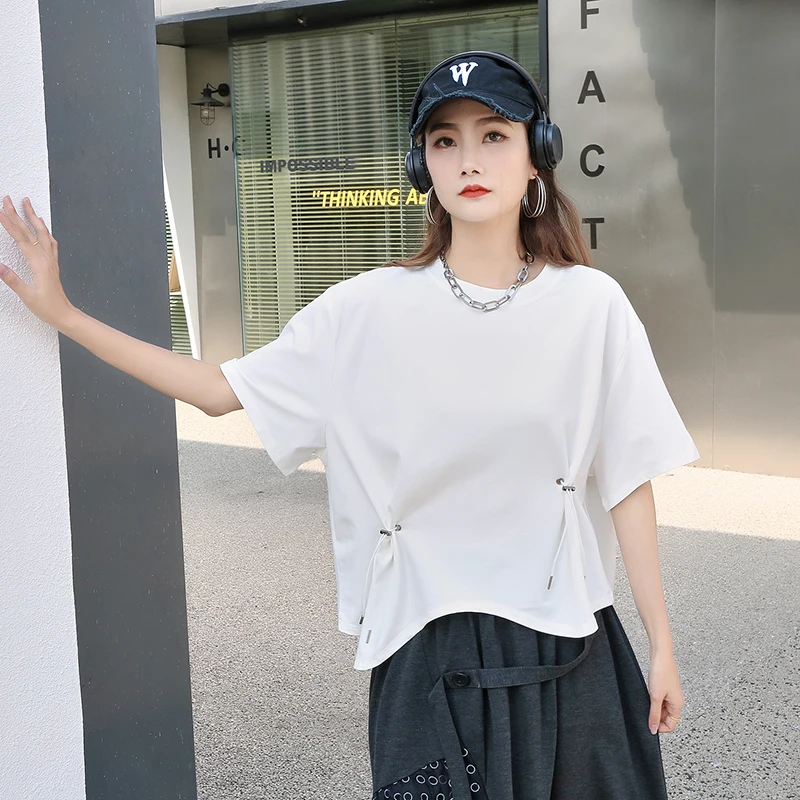 

230263 Irregulat T Shirt Pullover Solid Color Solid Sleeve Drawstring Big Size Simple Small Fresh 2023 Spring Minority Tee