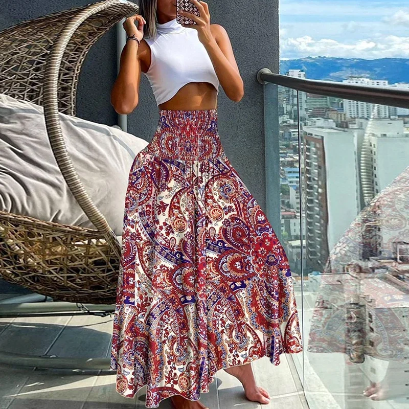 

Slim Skirt For Women Spring Summer New Leaf Print High Waist Fashion Elegant Casual Vintage Commute Female A-line Beach Skirt