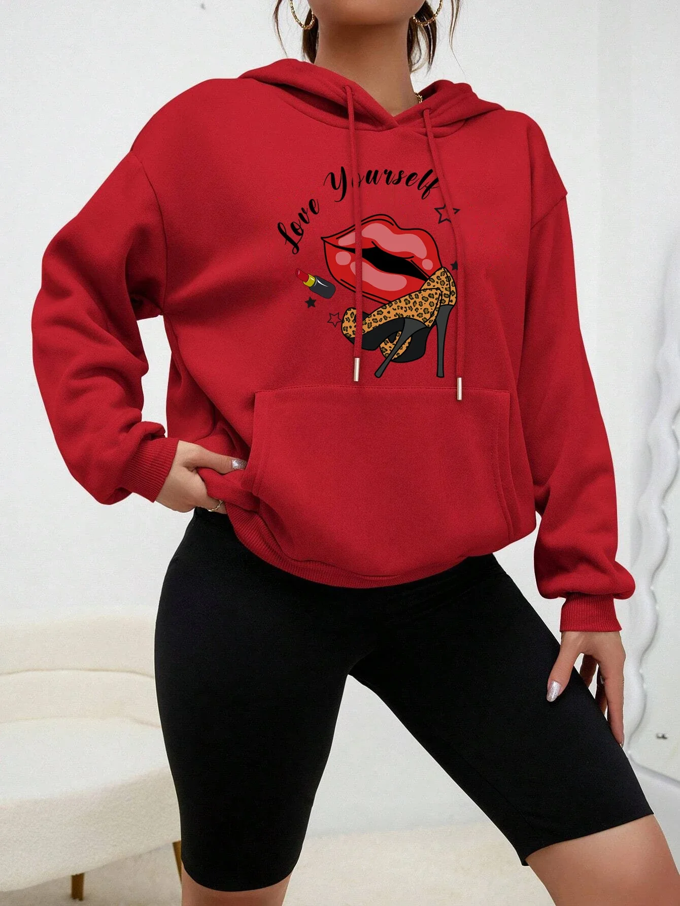 

Casual Fashion Hoody Fleece Female Top Love Yourself Red Lip Lipstick High Heels Print Women Hoodie Pocket Cartoon Streetwear