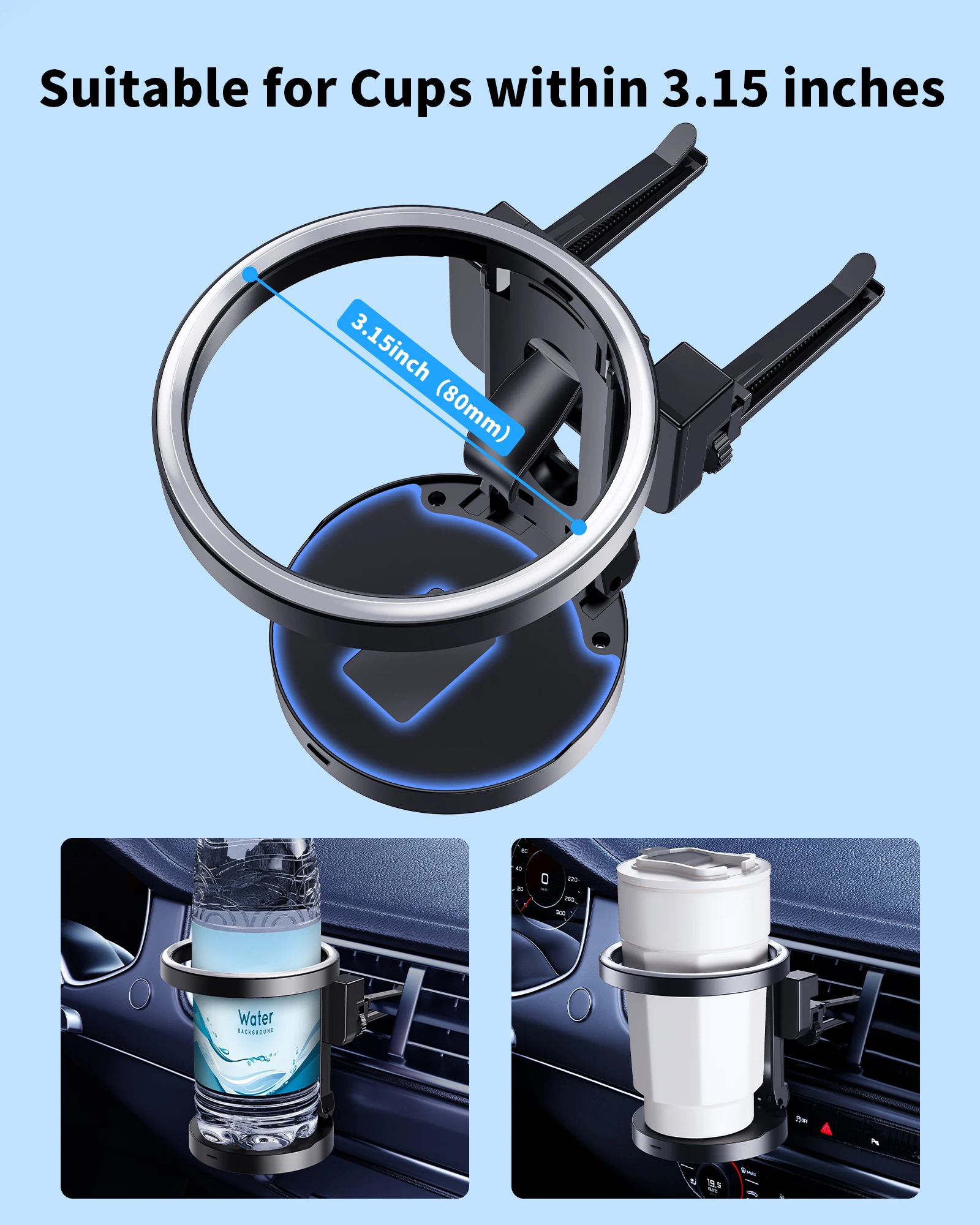 이어리 유니버설 자동차 에어벤트 컵홀더 탈부착 가능 후크 접이식 수납 공간 3.15인치 이내 컵용 차량 내부 음료 거치대