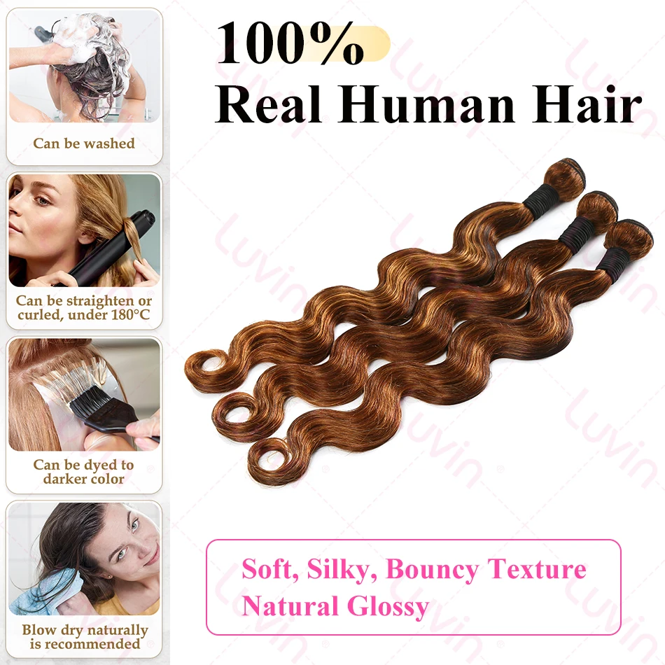 30 32 Inch Body Wave Highlight Raw Human Hair Bundles 4/27 Colored Brazilian Hair Extensions Quick Weaves Tissage