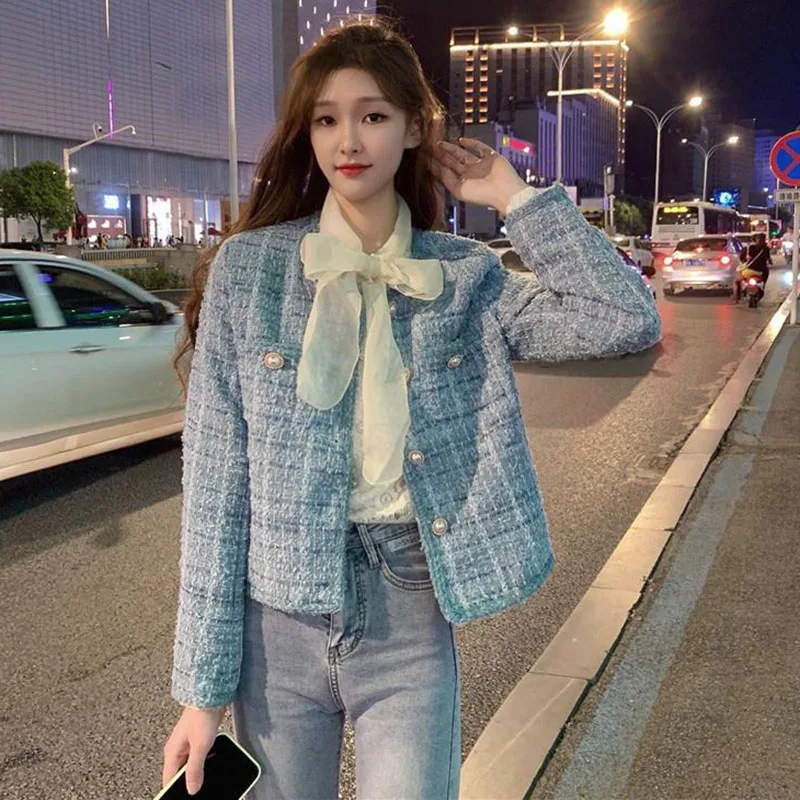 Women Sweet Cropped Jacket Korean Fashion Round Neck Plaid Pink Coat All-Match Spring Autumn Luxury Coat Single Breasted Outwear