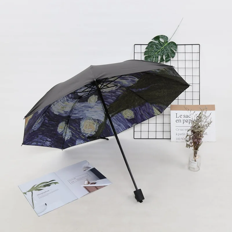 High Quality Folding Umbrella Female Windproof Paraguas Van Gogh Oil Painting Umbrella Rain Women Black Coating Parasol