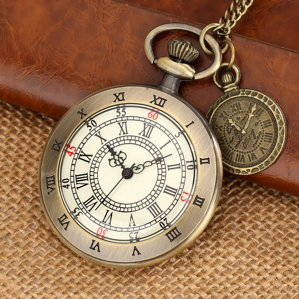 

Bronze Vintage Pocket Watches Capless Quartz Pendant Clocks Roman Numerals Dual Time Zone Dial Pocket Watch Fine Chain with Tag