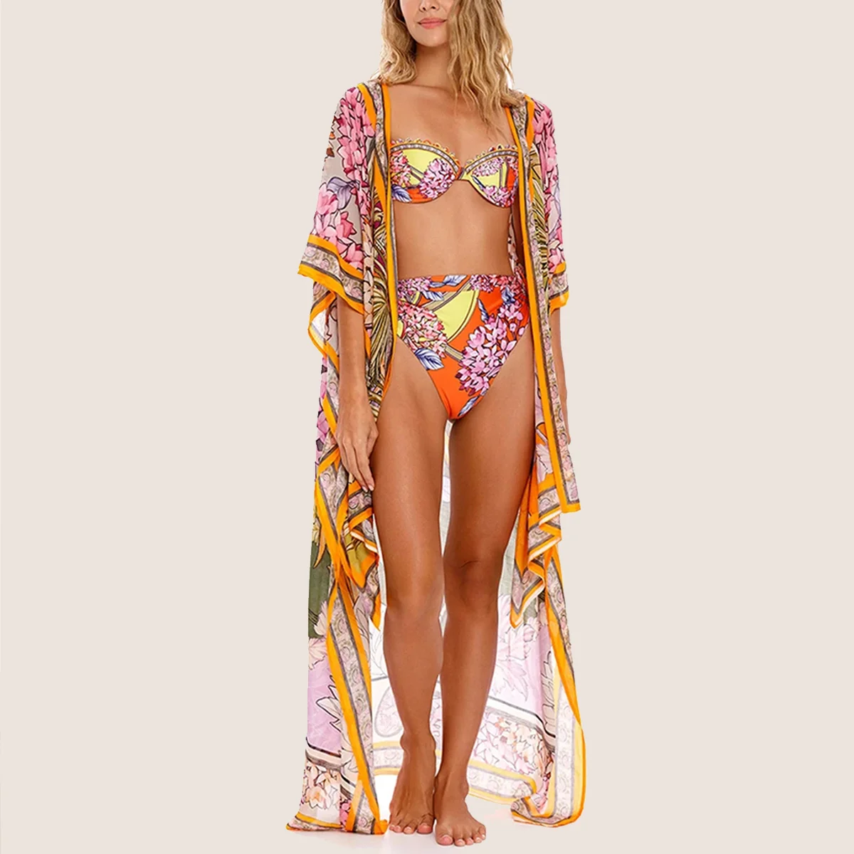 

Floral Print Women's Beachwear Skirt And Cover Up Sexy Bikini Set Hot Beachwear 2024 Party Swimming Surf Brown Two Piece