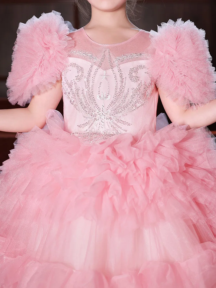 Розовое Бальное платье, платья для маленьких девочек с цветами, тюлевые платья со шлейфом для детей, для свадьбы, дня рождения, вечеринки