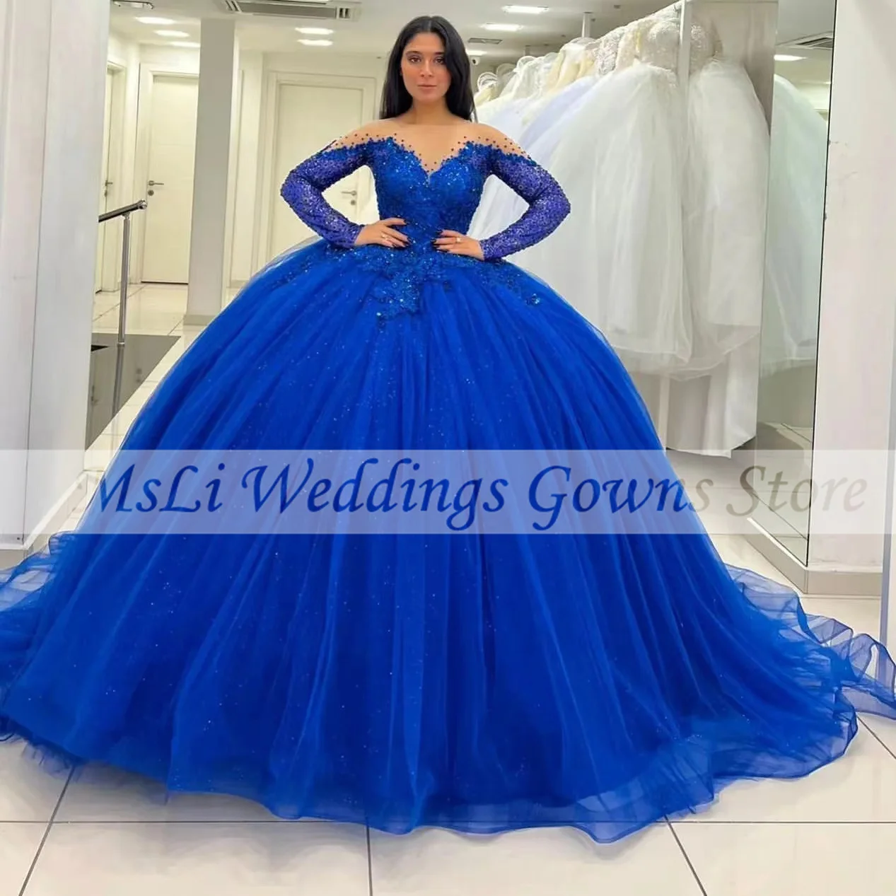 

Royal Blue Quinceanera Dresse Sequined Beads Appliques Long Sleeve Princess Ball Gowns 15 Birthday Prom Dress vestidos de fiesta