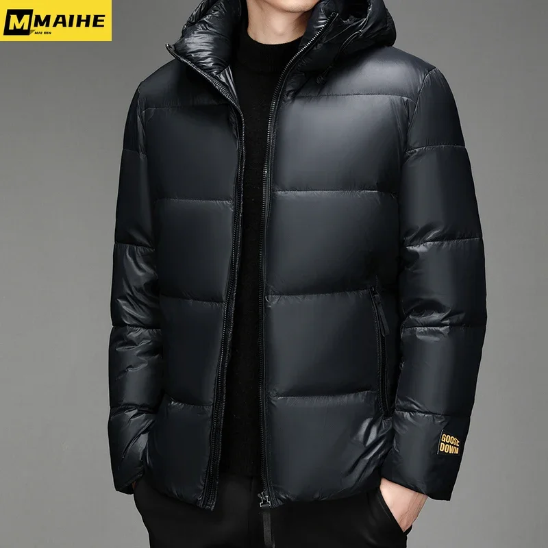 Men's down jacket Short hooded black gold bright Winter jacket Street wear Men women Korean trend ski white goose down coat