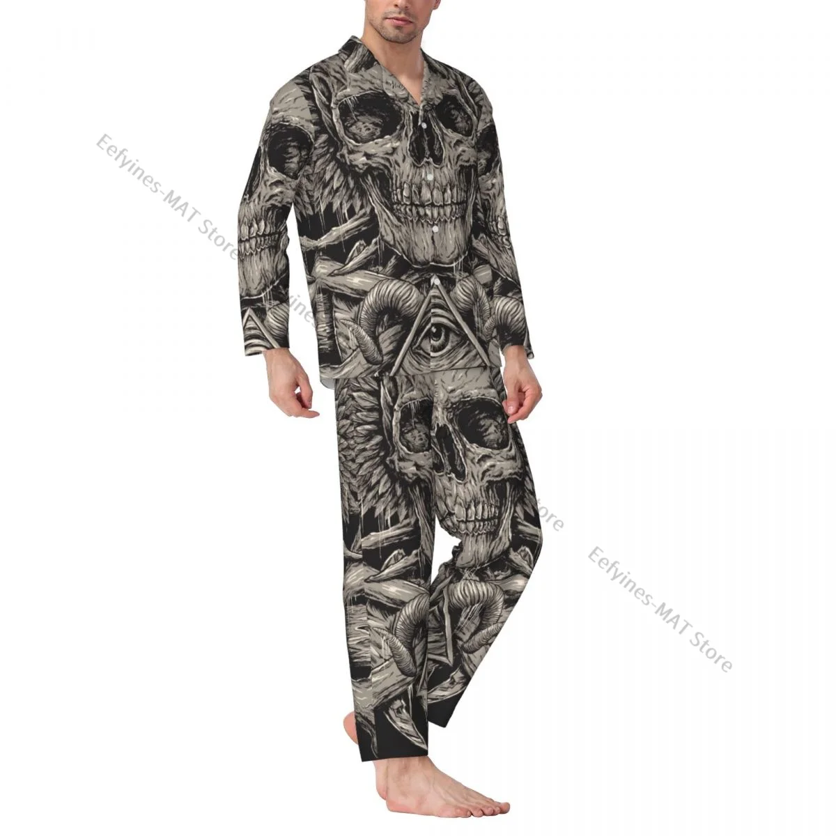 Mens Pajamas Sets Home Suits Heavy Metal Inspired Skull Sleepwear Loose Homewear Long-sleeved Casual Sets