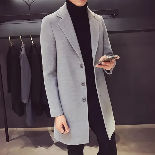 남성용 긴면 코트, 양모 혼방, 퓨어 컬러, 캐주얼 비즈니스 패션, 슬림 바람막이 재킷, 남성 의류, 2023 가을, 겨울, 신상 3