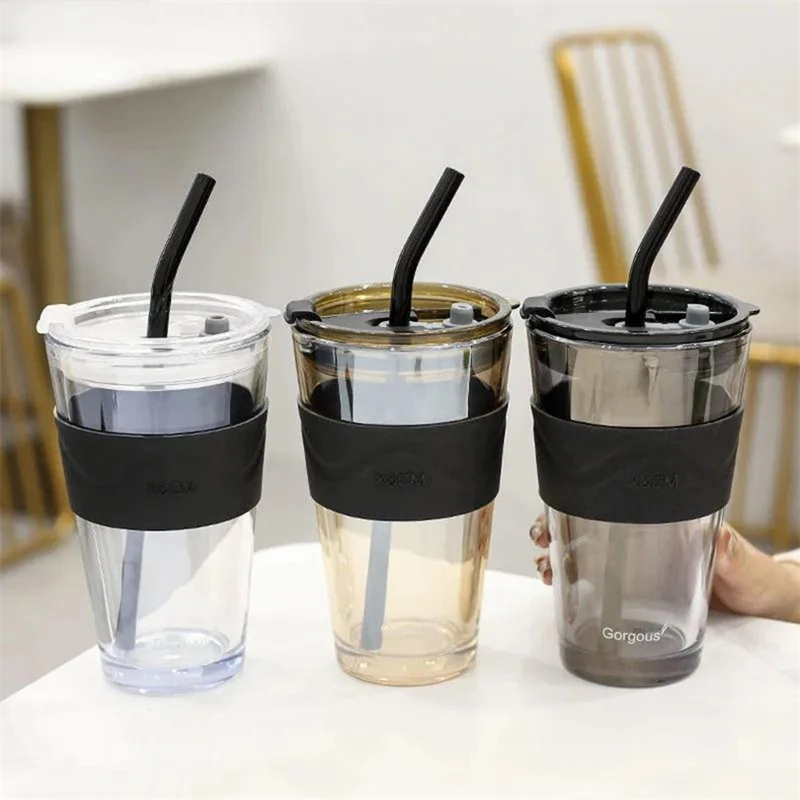 450ml Straw Glass Coffee Cup With Lid And Handle Drink Cup Transparent  Fruit Juice Cup Insulated Glass For Office Home Mug - AliExpress