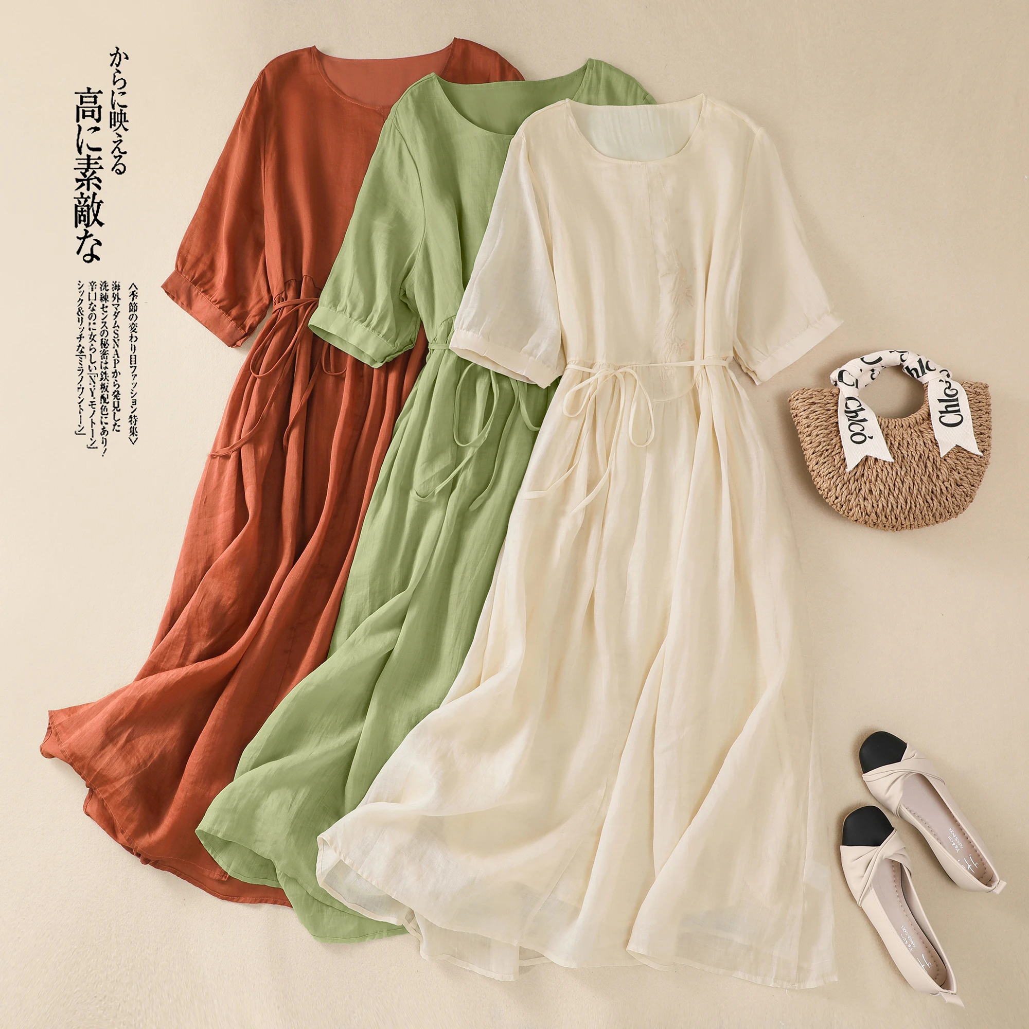 

2024 Vintage Cotton Linen Summer Short Sleeve Long Dress Women Embroidery Lace Up Casual Loose Holiday Midi Dresses F340