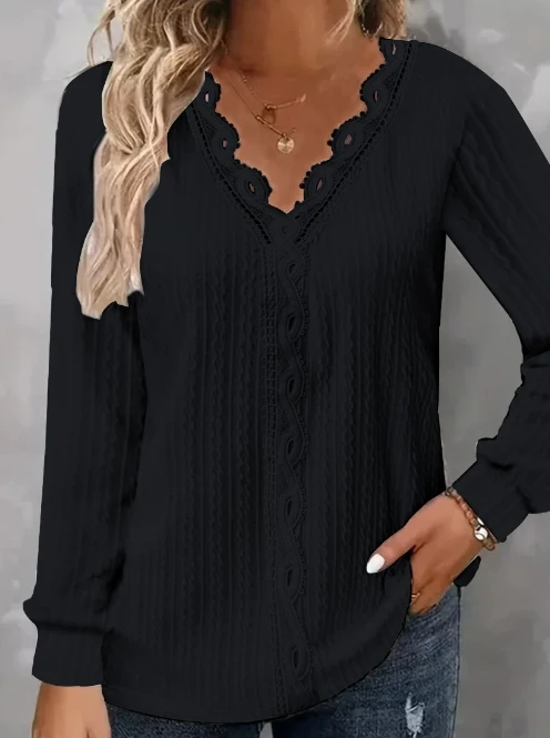 Solid Color Long Sleeved V-Neck Lace Patchwork Shirt Shirt, New Fashion Hot Selling Women's Clothing In 2023