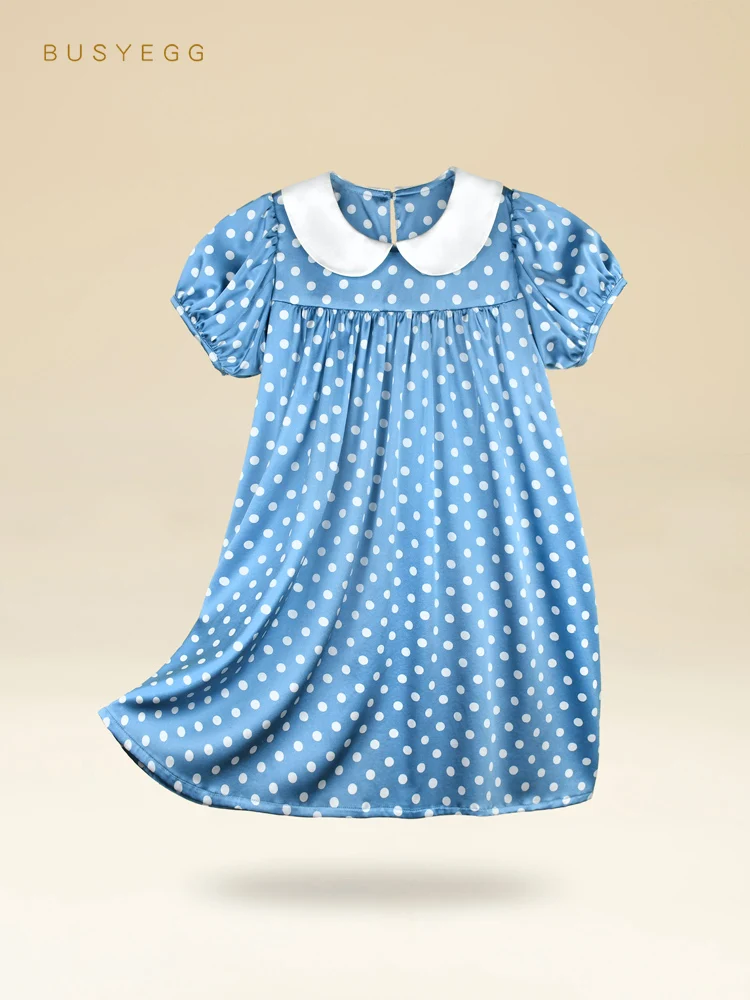 

Blue Fresh Vintage Polka Dot Children's Natural Silk Nightdress Girl Summer Princess Homewear Kids Real Silk Short Sleeve Dress