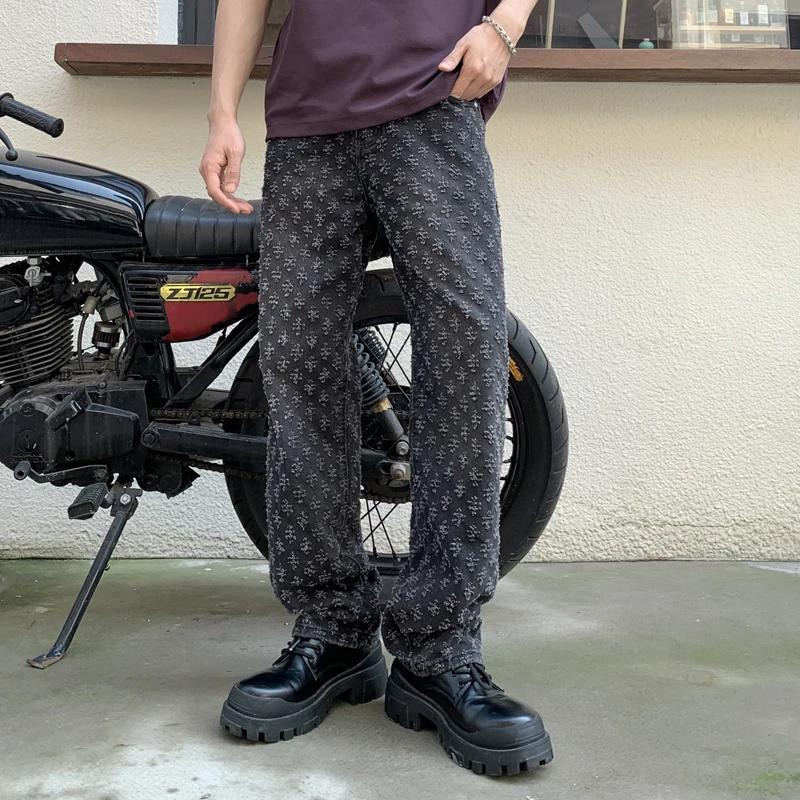 Men Jacquard Weave Denim Jeans Streetwear Ripped Distressed