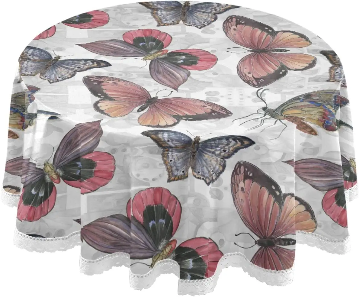 

Vintage Butterflies Printed 60 Inch Round Tablecloth Lace Table Cloth Cover for Home Holiday Party Wedding Dinner Decoration