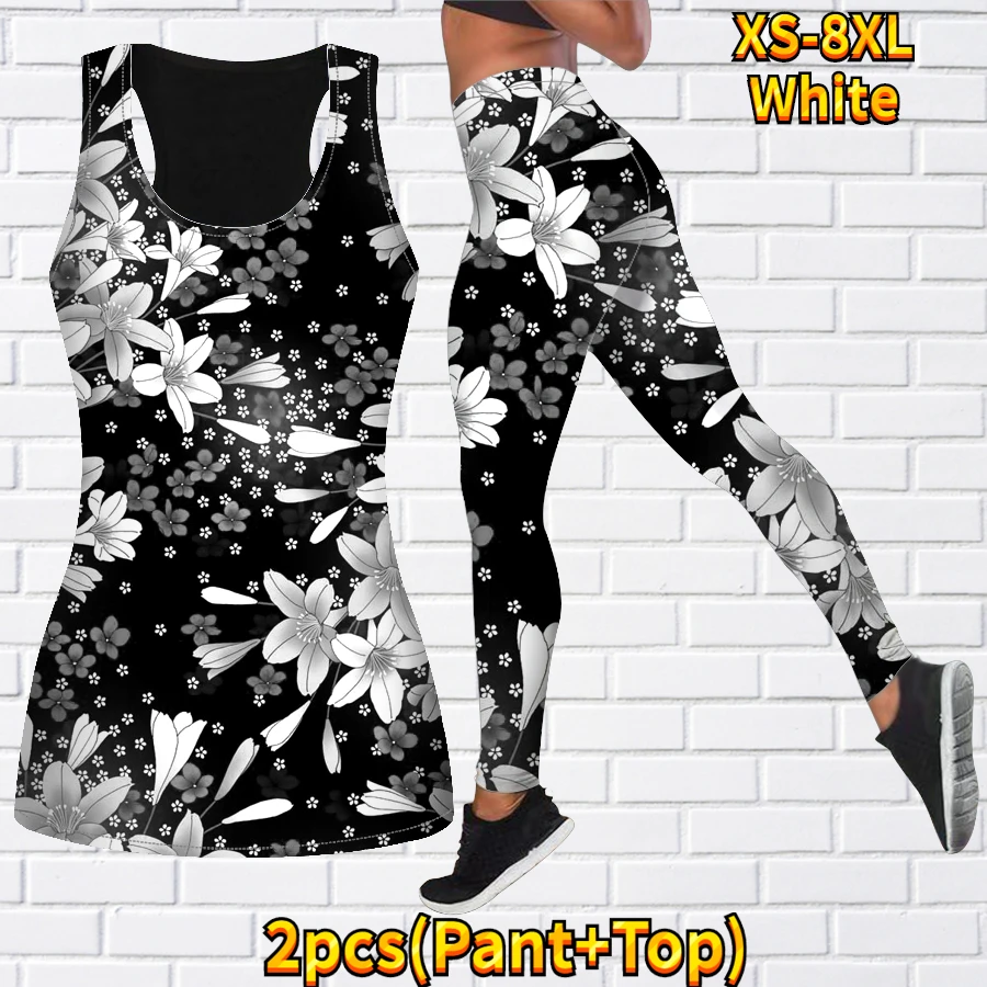 Women\'s Two Piece Yoga Set Fashion Casual Sports Tank Top Yoga Set 3D White Lily Print Sportswear Set XS-8XL