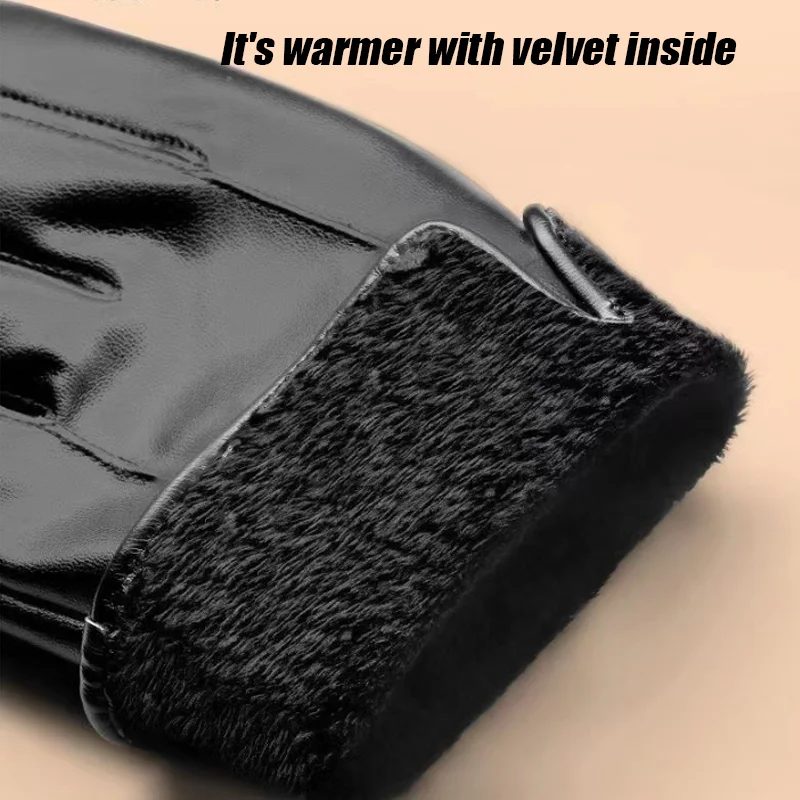 Autumn and Winter Black Gloves Men's One Pair PU Leather With Velvet Lining Gloves Waterproof for Motorcycle Riding