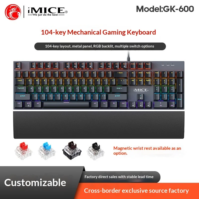 Imice 기계식 게임용 키보드 Gk-600 Usb 유선 Rgb 백라이트 블루 레드 스위치 금속 패널 게이머용 마그네틱 손목 패드 Ru 레이아웃