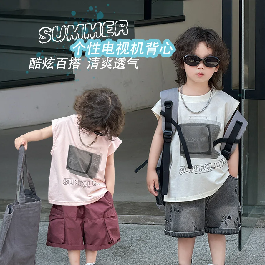 

Summer New Childrens Top Trendy and Fashionable Korean Childrens Wear 2024 New Childrens TV Printed Pattern Tank Top