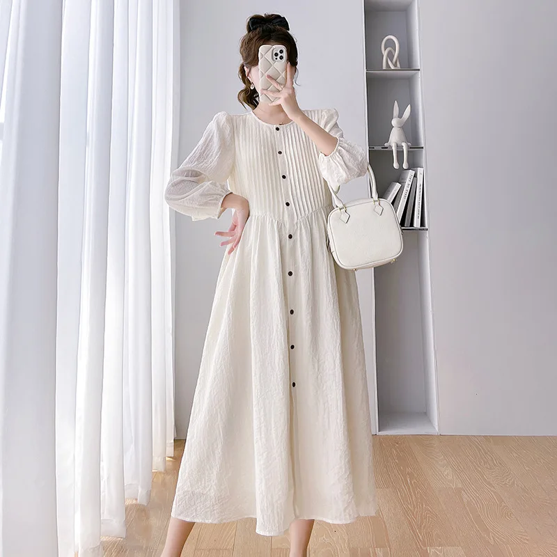 

Maternity Solid Dress 2023 Autumn Clothes For Pregnant Women Dresses Fashion Loose Round Neck Long Dress Pregnancy Dresses