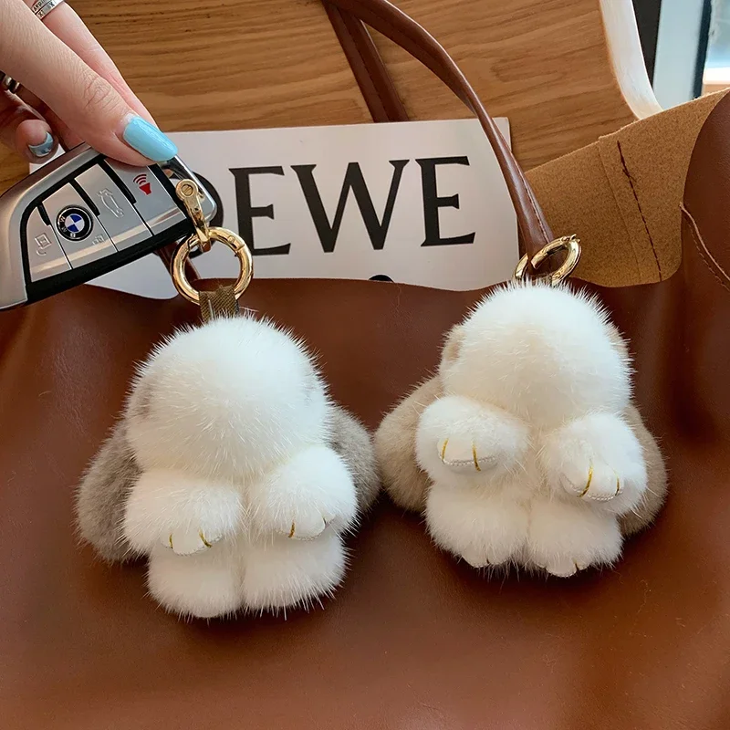 귀여운 긴 귀 토끼 키 체인, 진짜 밍크 모피 토끼 인형 펜던트 장난감 키 링, 핸드백 매력 장식, 폼폼 플러시 쥬얼리 선물