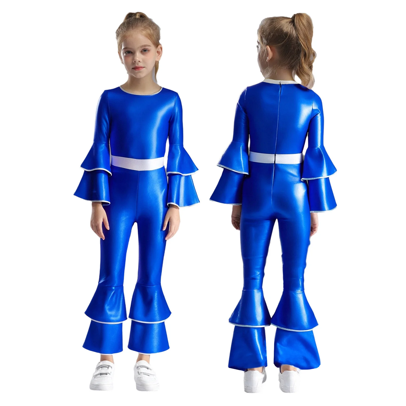 תחפושת דיסקו היפי של שנות ה-70 וה-80 עם שרוולים ארוכים מטאליים מבריקים, מותן גבוה ומכנסיים מתרחבים. מתאימה להלווין ולמסיבות ריקודים