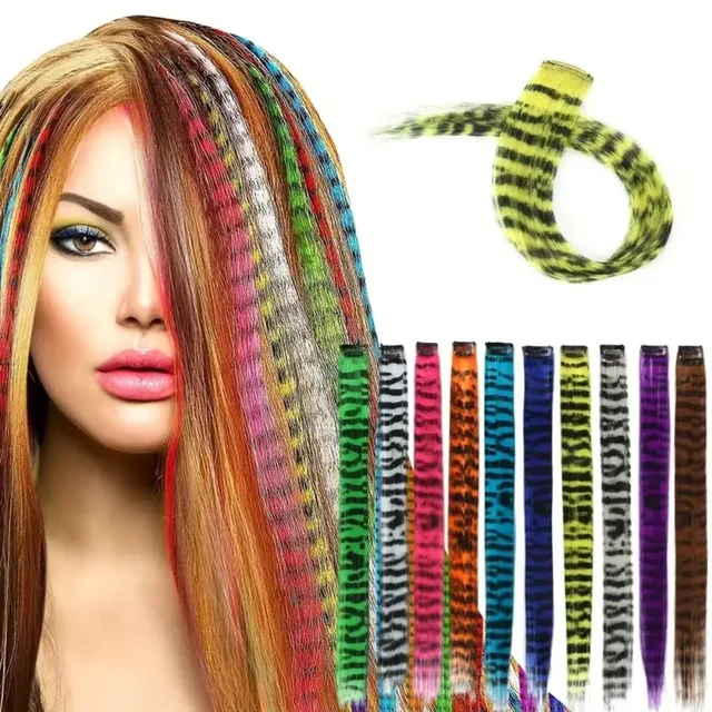 Extensions capillaires synthétiques colorées à clips imprimés à rayures, postiches lisses de 18 pouces pour usage quotidien et fête 1