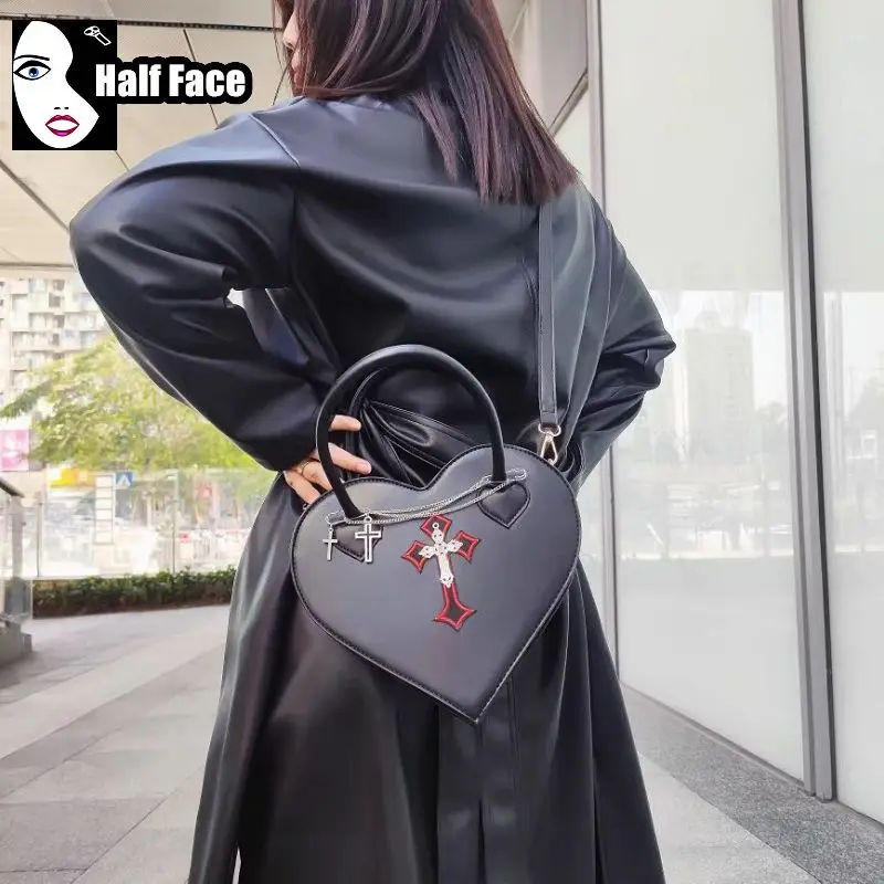 Y2K Girls Harajuku Women Gothic Heart shaped design High Street Punk One Shoulder Cross Chain Decoration Crossbody Bags Tote