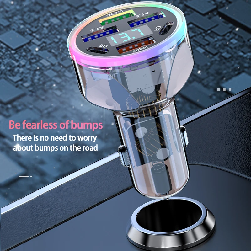 4USB car charger 6-port PD car power adapter Colorful atmosphere light surround voltage digital display for 12-24V models
