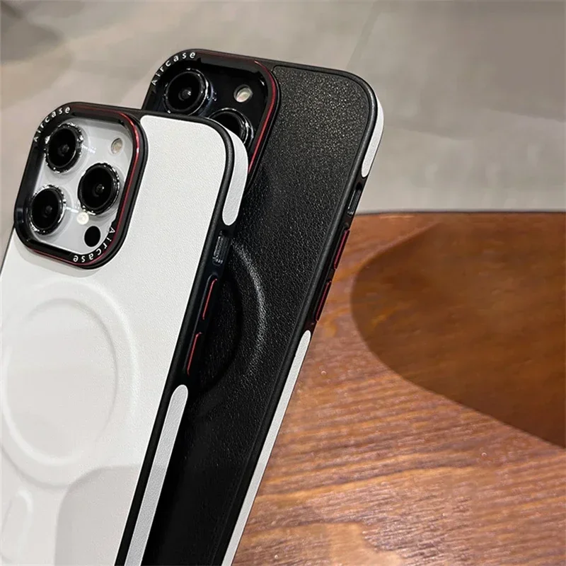 Luxury Matte Leather Magnetic Phone Case with Wireless Charging and Shockproof Bumper