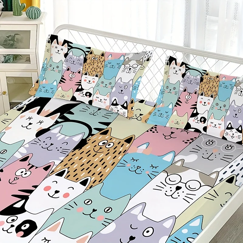 Cartoon Cat Print Fitted Sheet Set Non-slip Dustproof Mattress Cover Soft Comfortable Breathable Bedding Set For Bedroom 2