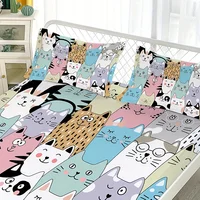 Cartoon Cat Print Fitted Sheet Set Non-slip Dustproof Mattress Cover Soft Comfortable Breathable Bedding Set For Bedroom 2