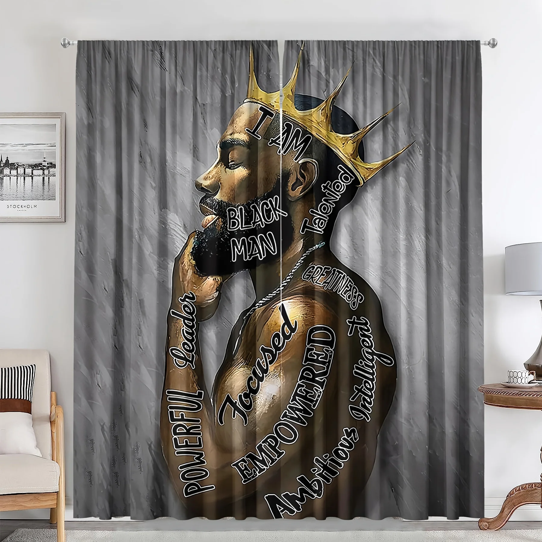 2pcs Eclectic Style Black Gold African Figures Printed Curtain Panels Set with Rod Pocket Window Drapes for Living Room cortinas 3