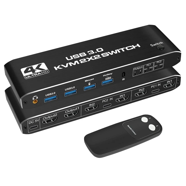 2X2 Matrix HDMI KVM Switch Dual Monitor HDMI + USB-C 4K@60Hz 2 in 2