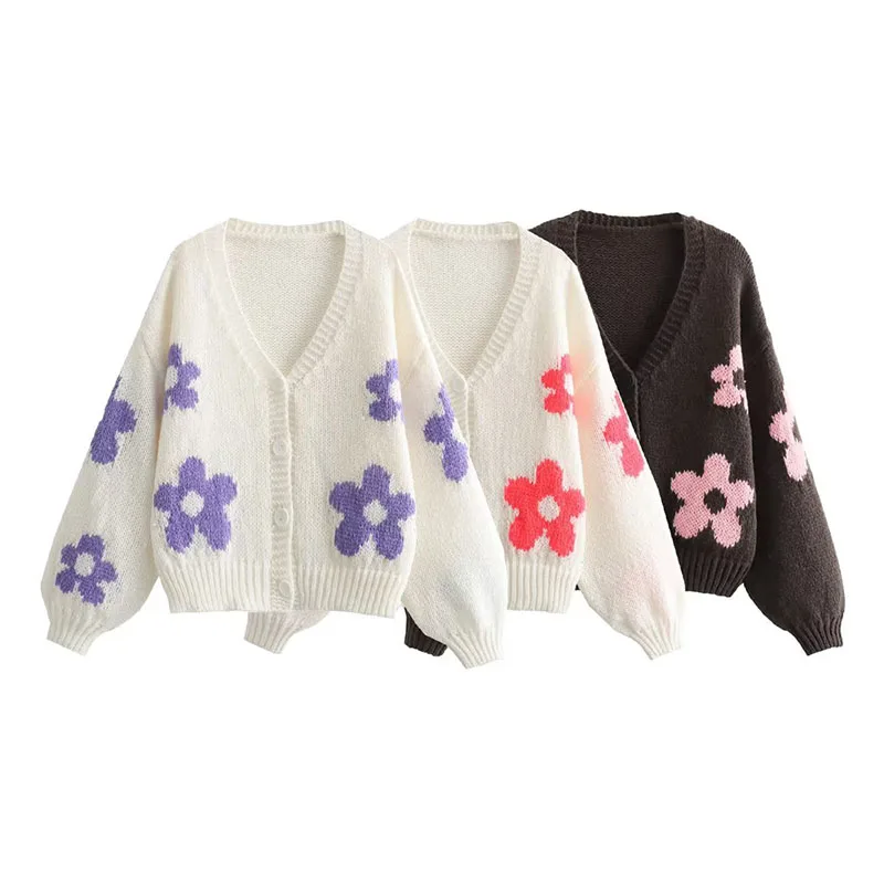 

Winter Women's Jumper Cardigan Coat 2023 Casual V-Neck Single-Breasted Long-Sleeved Short Jacquard Knit Sweater Jacket Tops