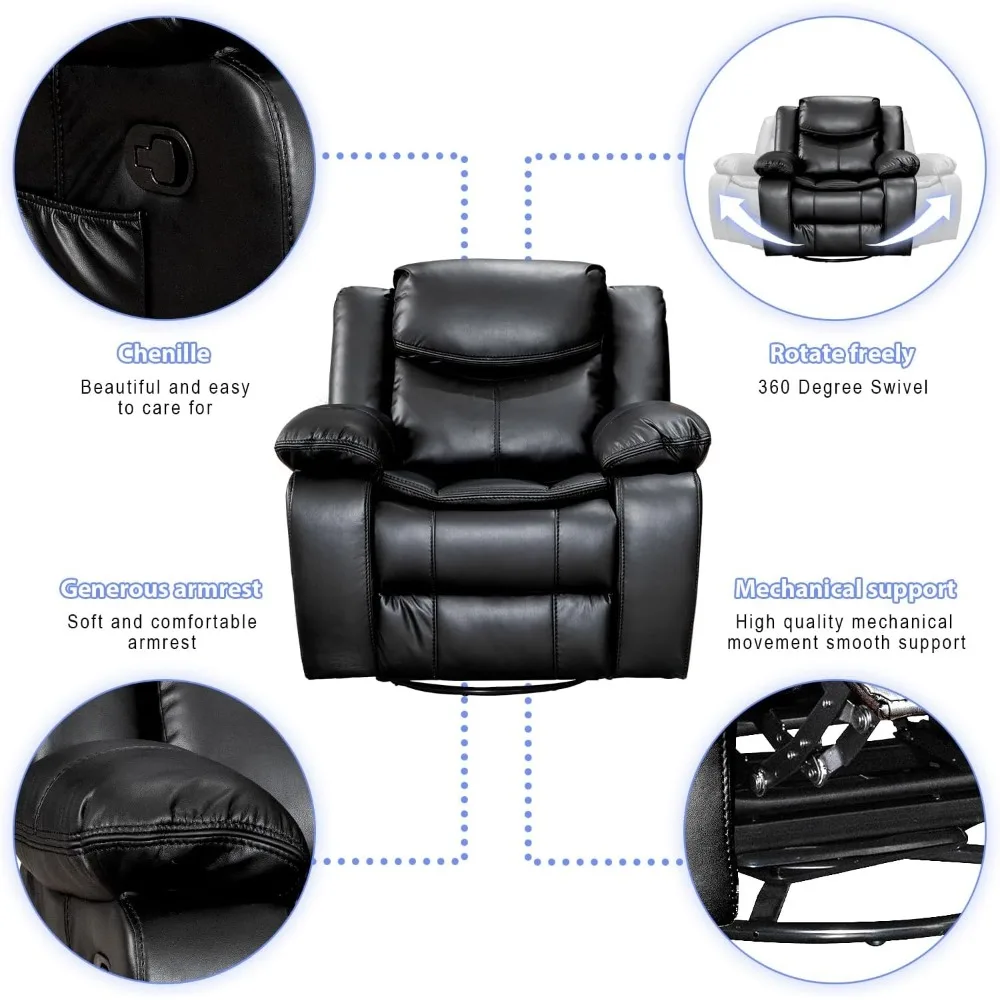 40" Width Living Room Chair, Air Leather, Up To 500 Lbs, Recliner Sofa Chairs, 360 Degree Swivel Rocking Living Room Chair