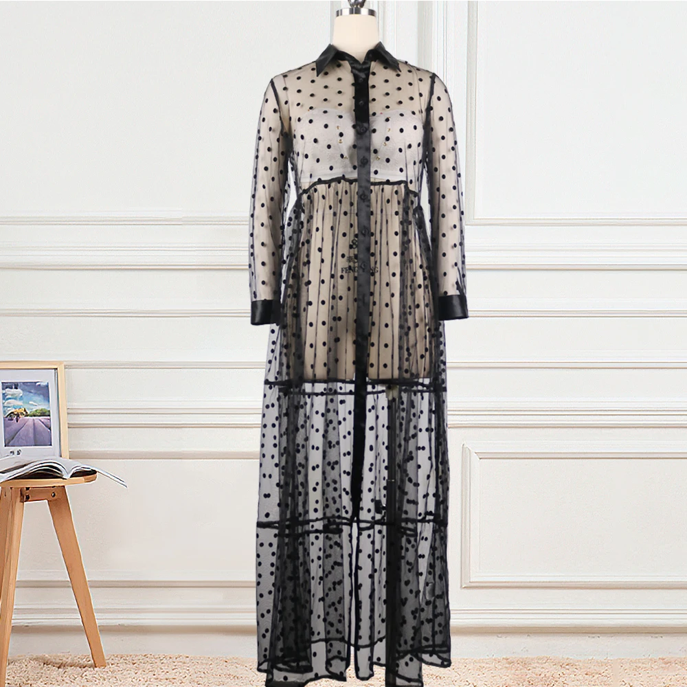 

Plus Size Indie New Black Long Mesh Dress Women Polka Dot Dress See Through Transparent Tulle African Fashion Spring Robes Tunic