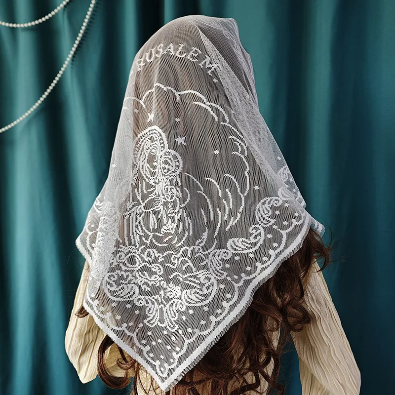 Lace Triangular Shawl with Virgin Embroidery 2