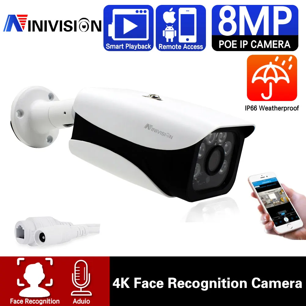 Face recognition 4K POE IP Camera H.265 8MP Outdoor Motion Detection Audio Camera Wired Security Protection Video Bullet Camera