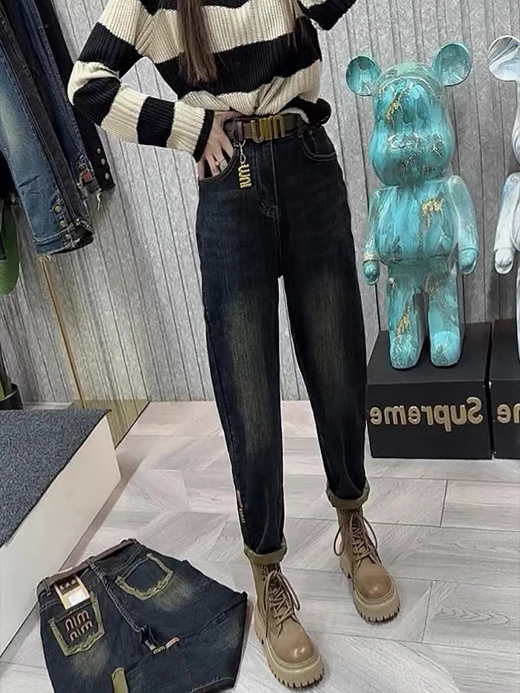 Jeans 2024New Women\'s Jeans Large Size High Waist Lean Elastic Thick Design Retro Fashion Women\'s Pants Harun Pants