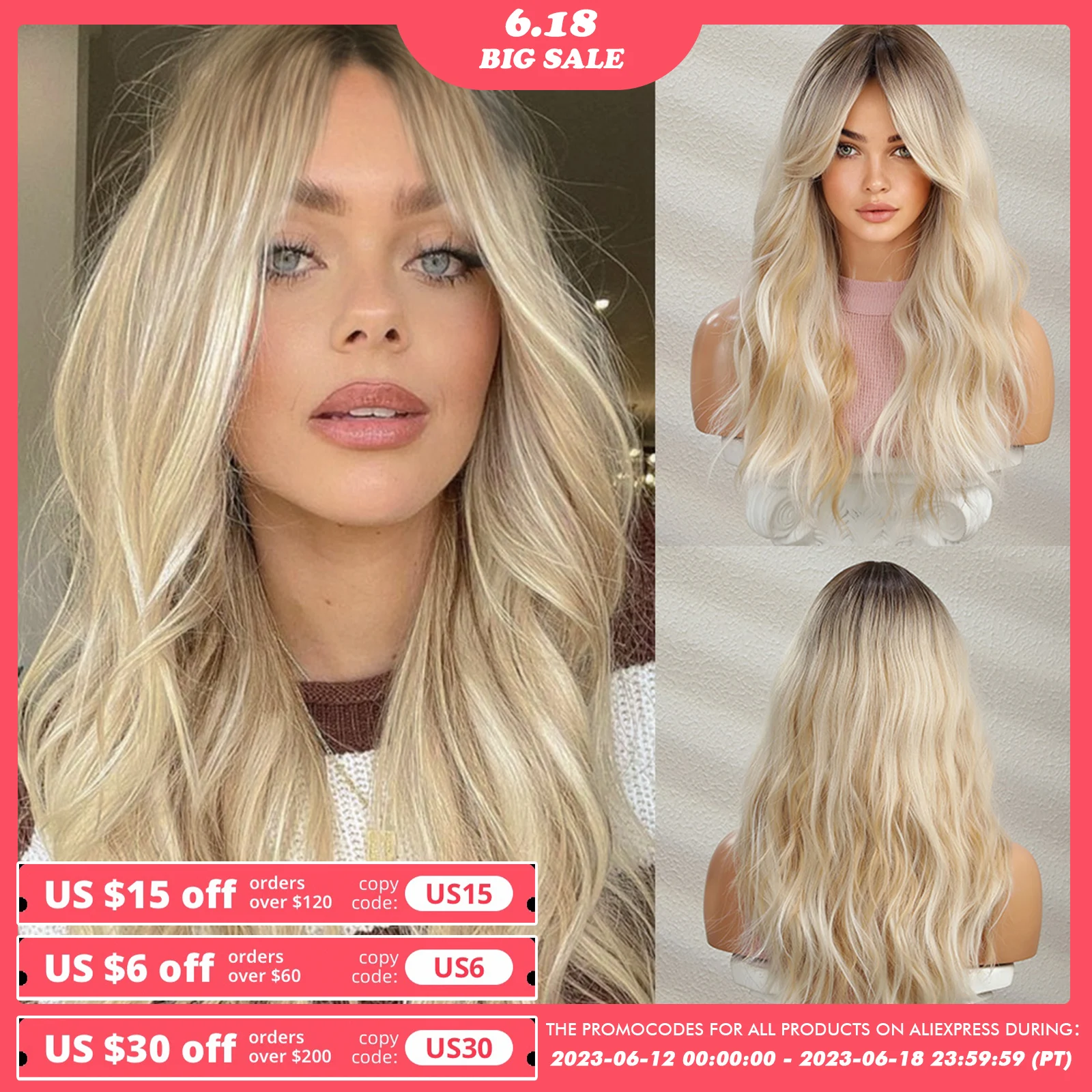Onenonly Blonde Wig With Bangs Long Wave Good Quality Synthetic Wigs