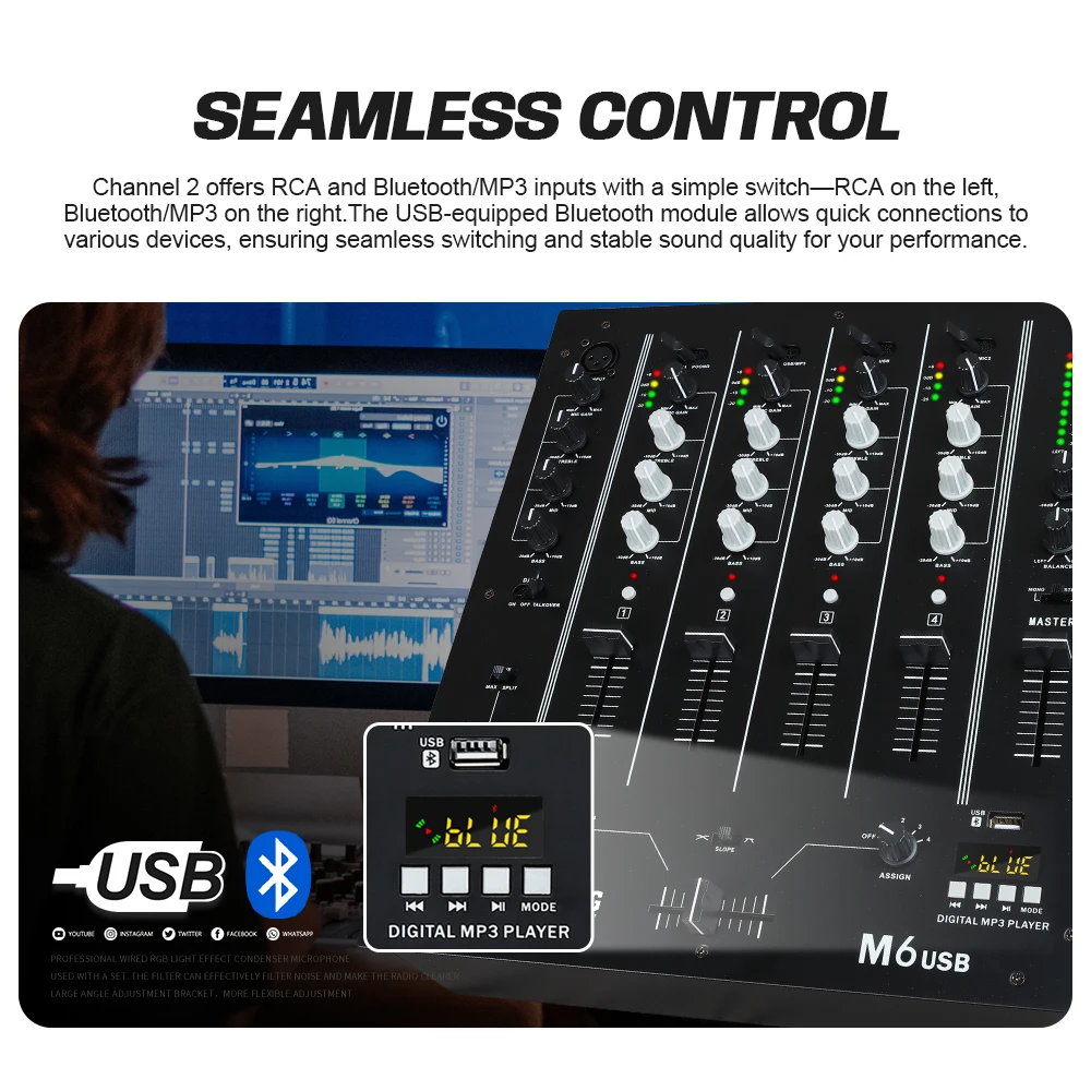 M6 USB 4-Channel Scratch DJ Mixer with Built-In Audio Interface 3-Band EQ Microphone Input and Replaceable Crossfader DGNOG