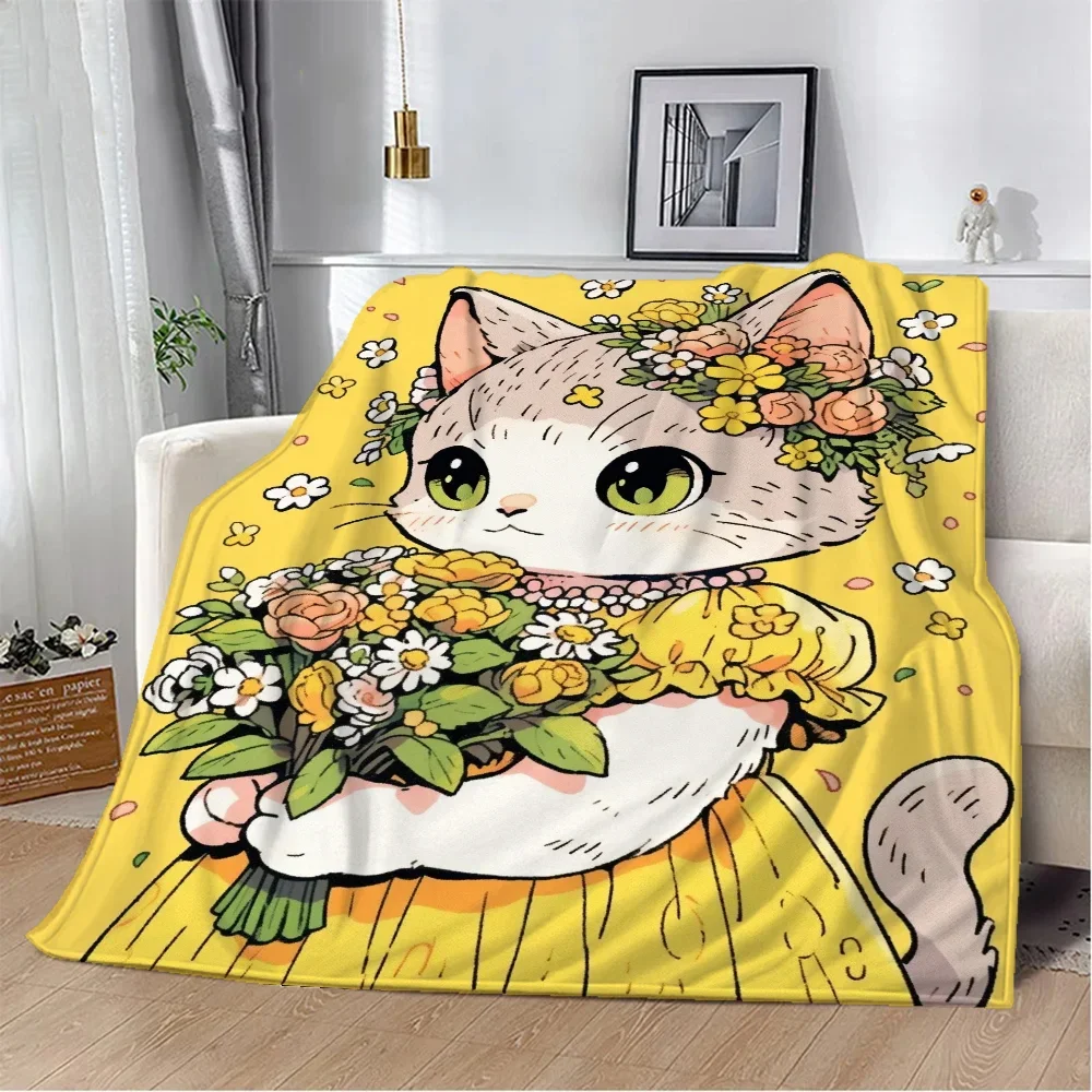 귀여운 고양이 신선한 꽃 따뜻한 겨울 담요, 소파 커버 담요, 푹신한 격자 무늬 비치 타월, 가정 및 장식 럭셔리 침구