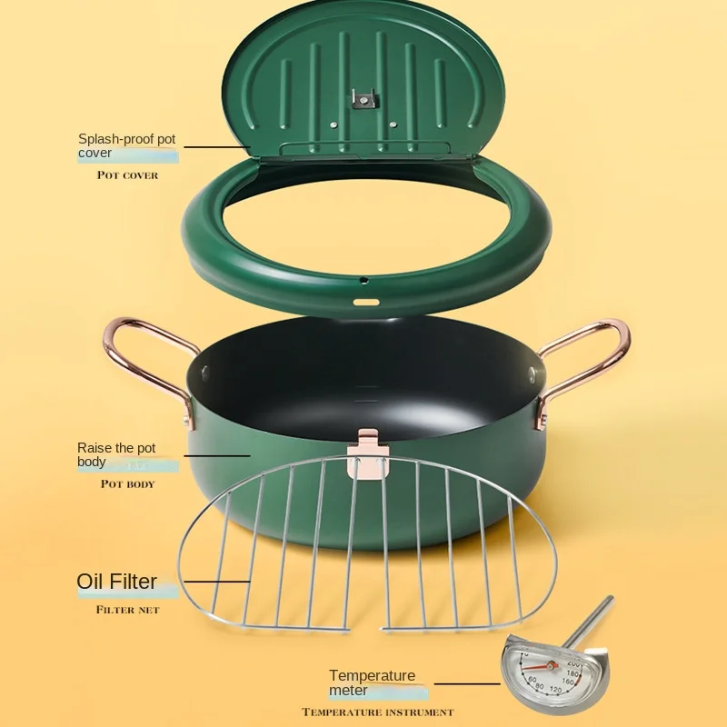 Household Fry Pan Thermometer Non Stick Tempura Deep Fryer Carbon Steel Easy Clean Kitchen Chicken French Fries Frying Pot