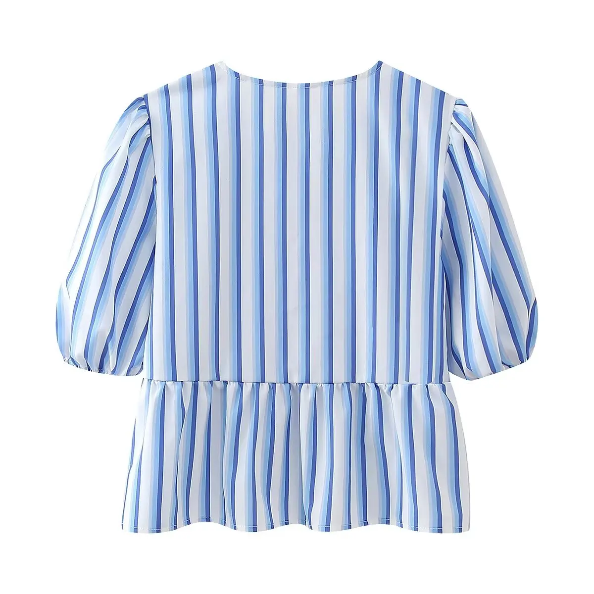 Description Picture 6 of itemTRAFZA 2024 Summer Women's Blue Striped Cropped Tops Short Sleeve Puff Sleeves Lace Up O Neck Blouse Y2K T Shirts Elegant Style