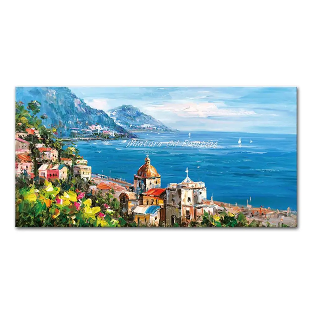 thumbnail image 1 of Mintura Obra de arte hecha a mano de gran tamaño Pintura al óleo pintada a mano sobre lienzo La hermosa ciudad costera Arte de pared moderno para decoración del hogar, 1 of 5