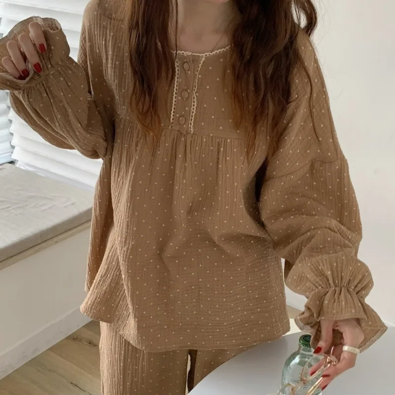 Women Cute Long-Sleeved Trousers Curry Polka Dot Printed Nightwear Homewear Spring and Fall Ladies Casual Sleepwear Loungewear 6