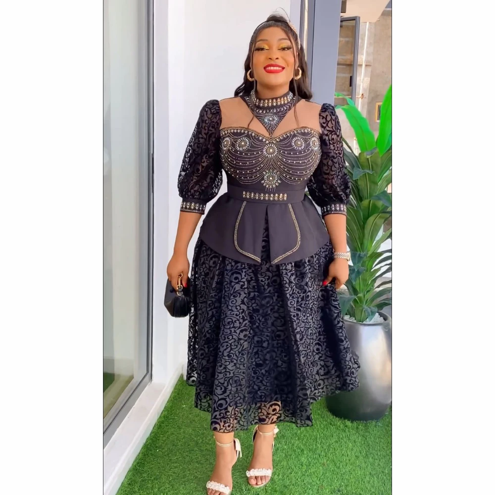 

European and American Women's Plus-size African Hot Drill Bubble Beads Waist Slimming Lace Patchwork Dress S9958